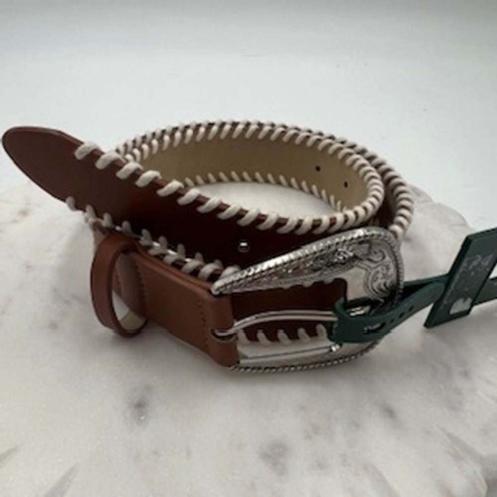 Wild Fable Women Brown Western Whipstitch Belt Silver Engraved Buckle Medium NEW